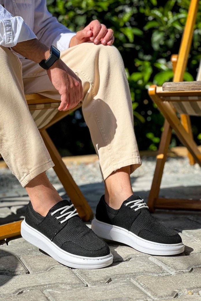 KB042 Erkek Günlük Bağcıklı Keten Klasik Ayakkabı BST - Siyah