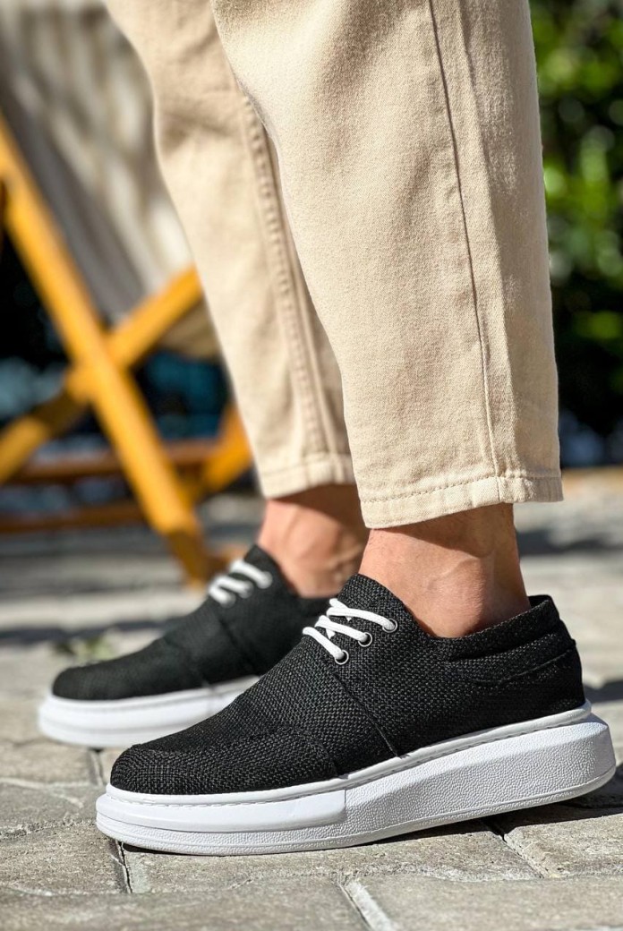 KB042 Erkek Günlük Bağcıklı Keten Klasik Ayakkabı BST - Siyah