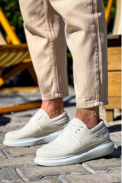 KB042 Erkek Günlük Bağcıklı Keten Klasik Ayakkabı KBT - Beyaz