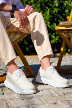 KB042 Erkek Günlük Bağcıklı Keten Klasik Ayakkabı KBT - Beyaz