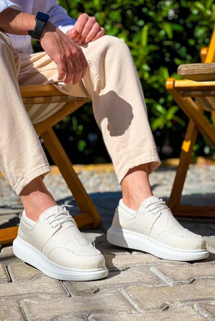 KB042 Erkek Günlük Bağcıklı Keten Klasik Ayakkabı KBT - Beyaz