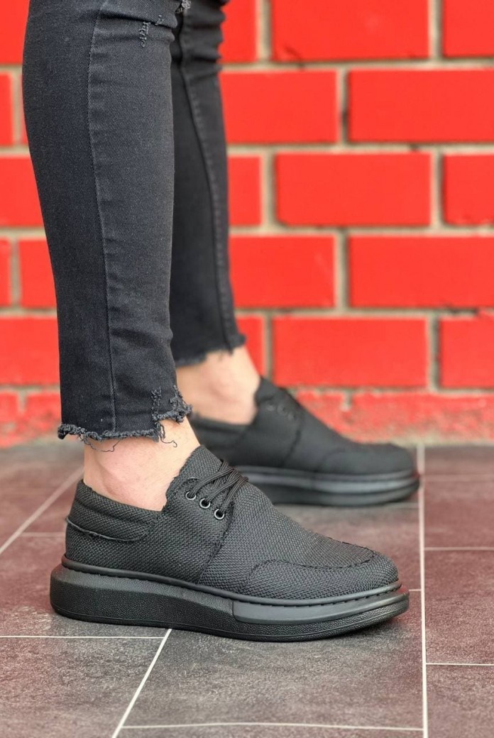 KB042 Erkek Günlük Bağcıklı Keten Klasik Ayakkabı KST - Siyah