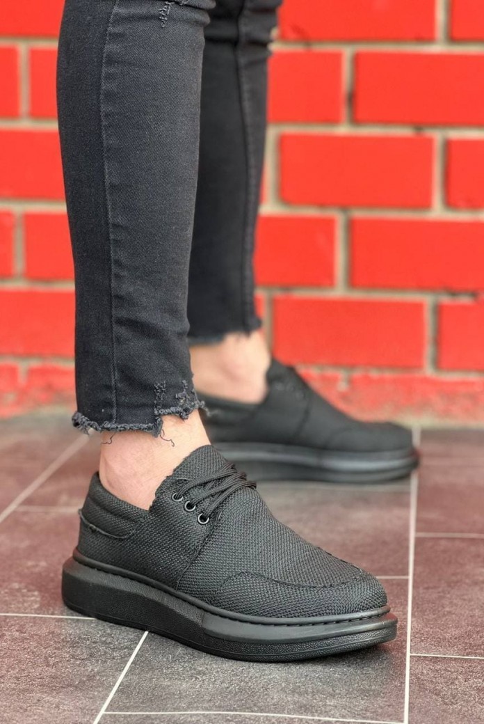 KB042 Erkek Günlük Bağcıklı Keten Klasik Ayakkabı KST - Siyah