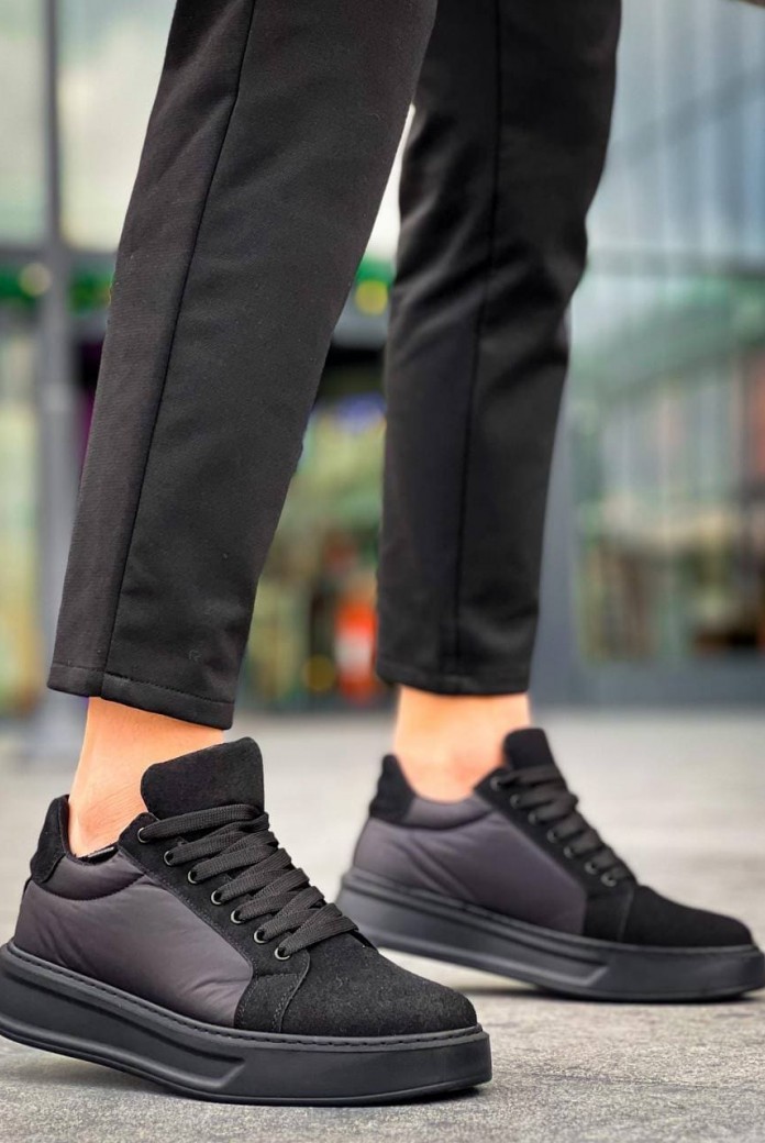 KB046 Erkek Günlük Bağcıklı Süet Paraşüt Kumaş Spor Sneaker Ayakkabı SPKST - Siyah