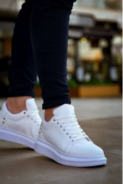 KB047 Erkek Günlük Bağcıklı Cilt Spor Sneaker Ayakkabı CBT - Beyaz