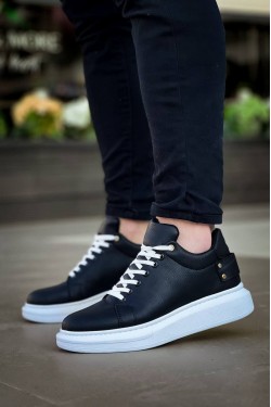 KB047 Erkek Günlük Bağcıklı Cilt Spor Sneaker Ayakkabı CBT - Siyah