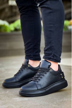 KB047 Erkek Günlük Bağcıklı Cilt Spor Sneaker Ayakkabı CST - Siyah