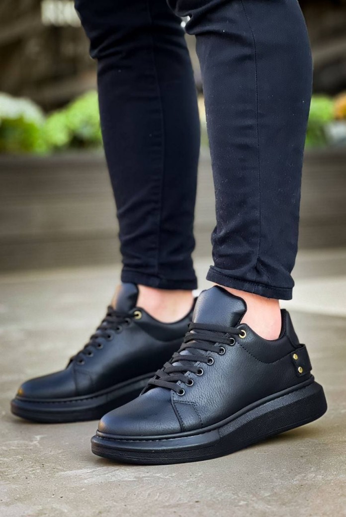 KB047 Erkek Günlük Bağcıklı Cilt Spor Sneaker Ayakkabı CST - Siyah