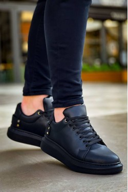 KB047 Erkek Günlük Bağcıklı Cilt Spor Sneaker Ayakkabı CST - Siyah