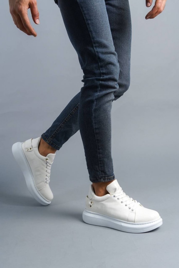 KB047 Erkek Günlük Bağcıklı Croco Desenli Cilt Spor Sneaker Ayakkabı CBT - Beyaz