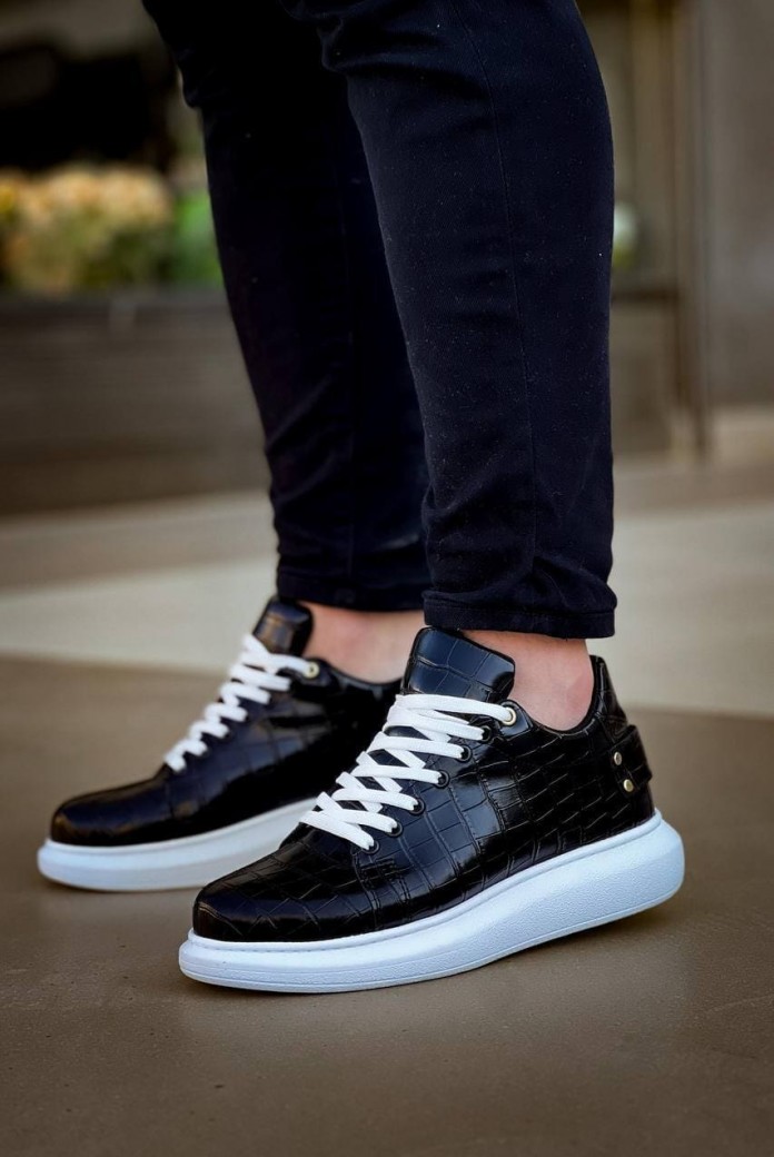 KB047 Erkek Günlük Bağcıklı Croco Desenli Cilt Spor Sneaker Ayakkabı CBT - Siyah