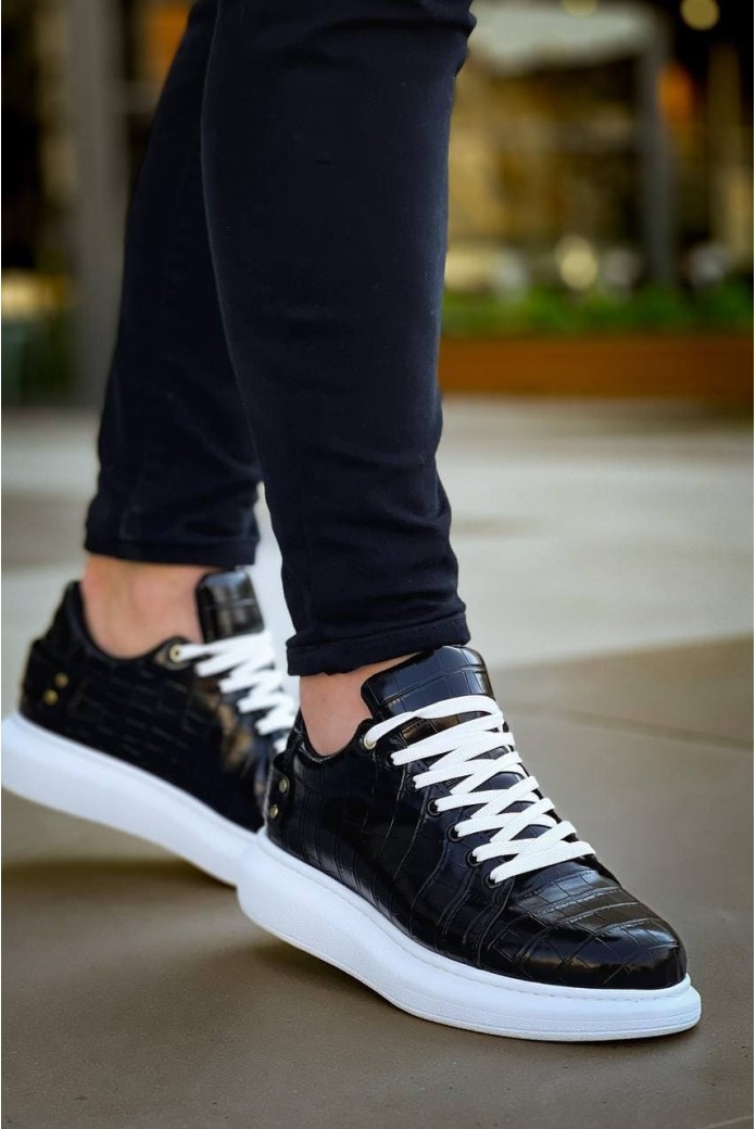 KB047 Erkek Günlük Bağcıklı Croco Desenli Cilt Spor Sneaker Ayakkabı CBT - Siyah