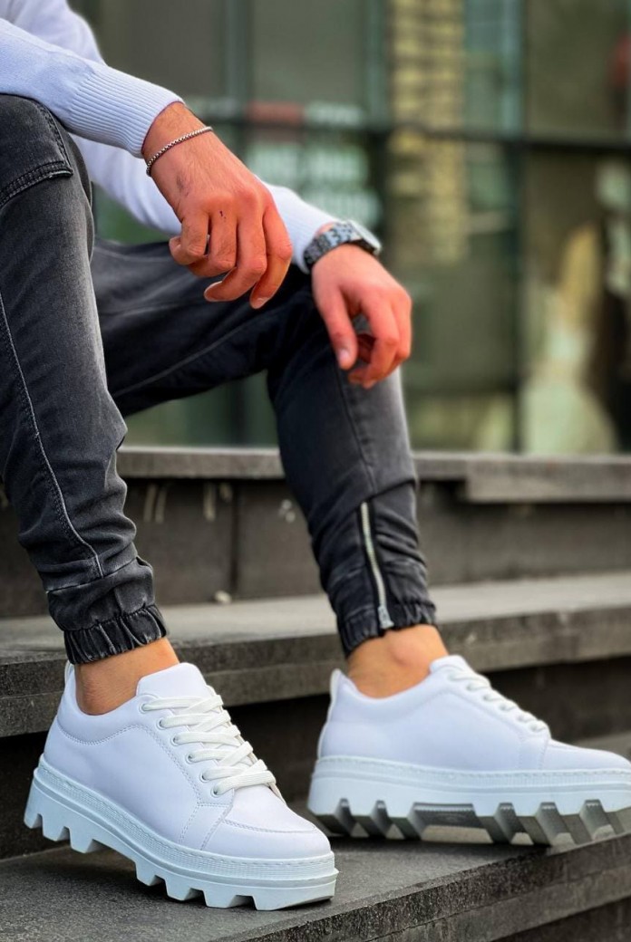 KB056 Erkek Günlük Bağcıklı Cilt Spor Sneaker Ayakkabı CBT - Beyaz