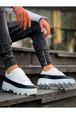 KB056 Erkek Günlük Bağcıklı Cilt Spor Sneaker Ayakkabı CBT - Beyaz/Siyah