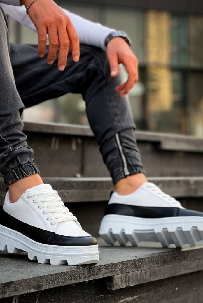 KB056 Erkek Günlük Bağcıklı Cilt Spor Sneaker Ayakkabı CBT - Beyaz/Siyah