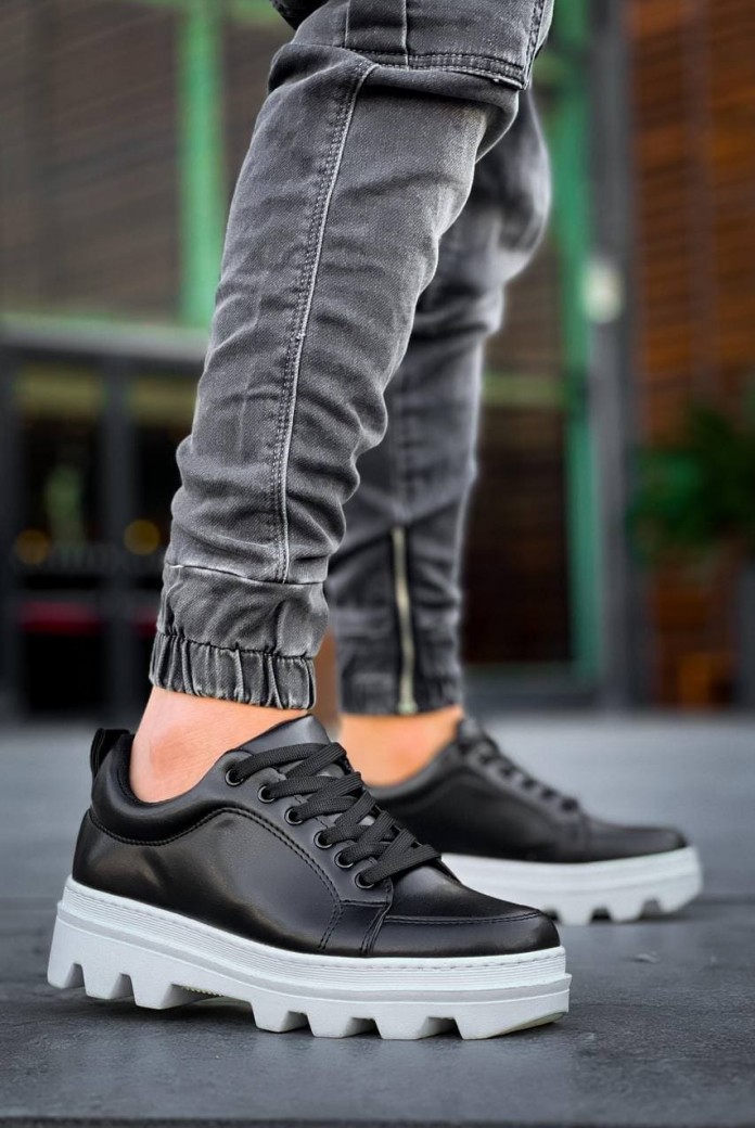 KB056 Erkek Günlük Bağcıklı Cilt Spor Sneaker Ayakkabı CBT - Siyah
