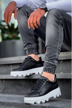 KB056 Erkek Günlük Bağcıklı Cilt Spor Sneaker Ayakkabı CBT - Siyah