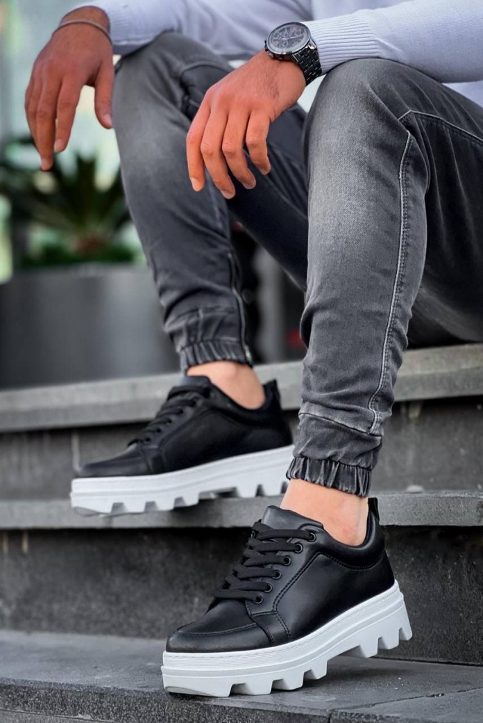 KB056 Erkek Günlük Bağcıklı Cilt Spor Sneaker Ayakkabı CBT - Siyah