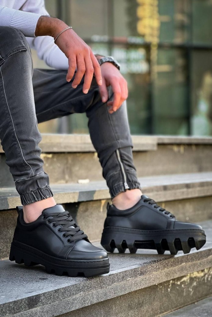 KB056 Erkek Günlük Bağcıklı Cilt Spor Sneaker Ayakkabı CST - Siyah