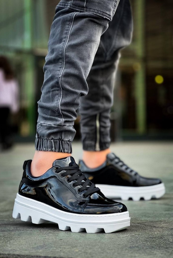 KB056 Erkek Günlük Bağcıklı Rugan Spor Sneaker Ayakkabı RBT - Siyah