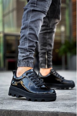 KB056 Erkek Günlük Bağcıklı Rugan Spor Sneaker Ayakkabı RST - Siyah