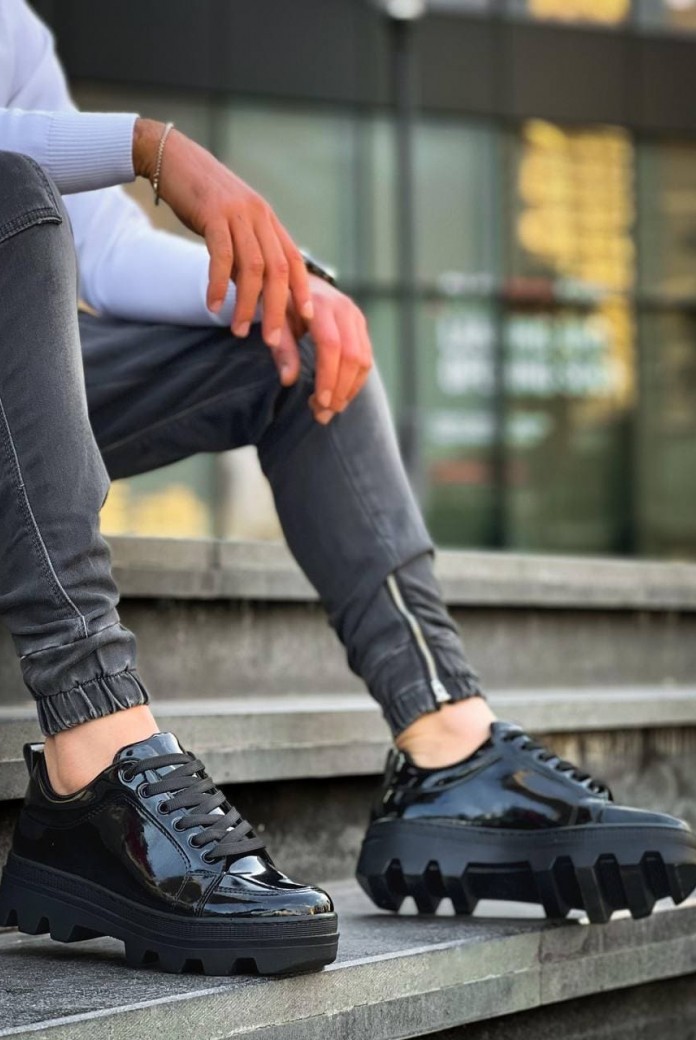 KB056 Erkek Günlük Bağcıklı Rugan Spor Sneaker Ayakkabı RST - Siyah