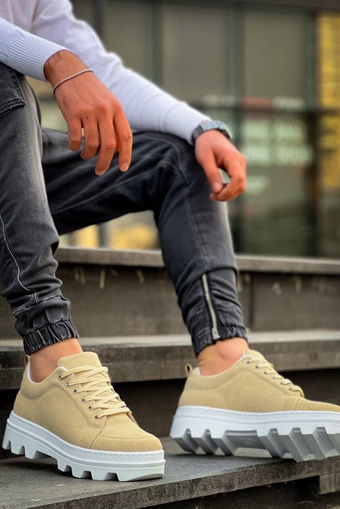 KB056 Erkek Günlük Bağcıklı Süet Spor Sneaker Ayakkabı SBT - Bej