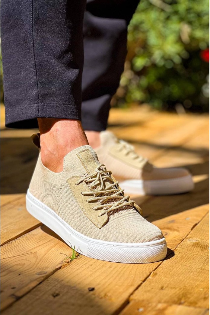 KB110 Erkek Günlük Bağcıklı Triko Spor Sneaker Ayakkabı TBT - Bej