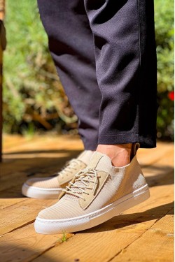KB110 Erkek Günlük Bağcıklı Triko Spor Sneaker Ayakkabı TBT - Bej