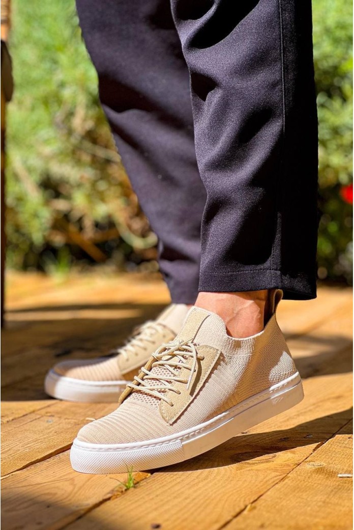 KB110 Erkek Günlük Bağcıklı Triko Spor Sneaker Ayakkabı TBT - Bej