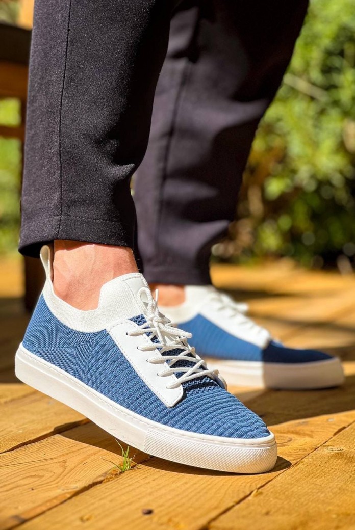 KB110 Erkek Günlük Bağcıklı Triko Spor Sneaker Ayakkabı TBT - Mavi