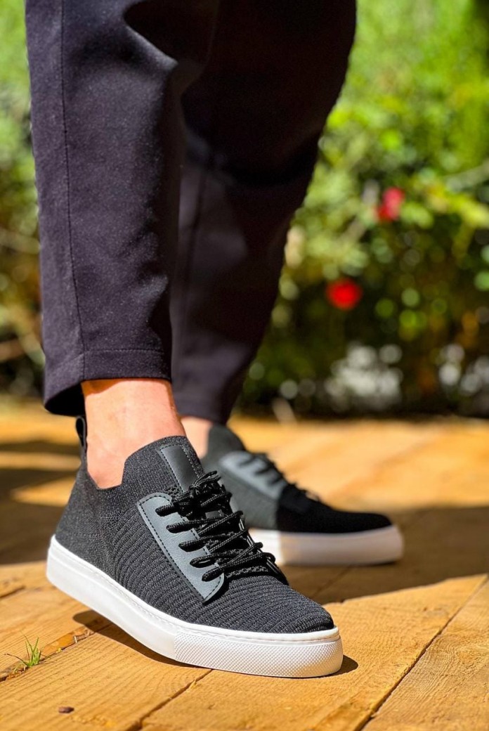 KB110 Erkek Günlük Bağcıklı Triko Spor Sneaker Ayakkabı TBT - Siyah