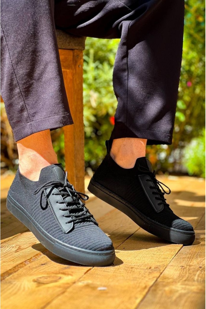 KB110 Erkek Günlük Bağcıklı Triko Spor Sneaker Ayakkabı TST - Siyah