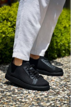 KB112 Erkek Günlük Bağcıklı Triko Spor Sneaker Ayakkabı TST - Siyah