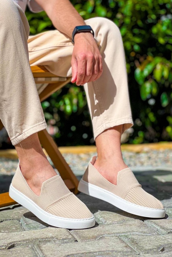 KB114 Erkek Günlük Bağcıksız Triko Spor Sneaker Ayakkabı TBT - Bej
