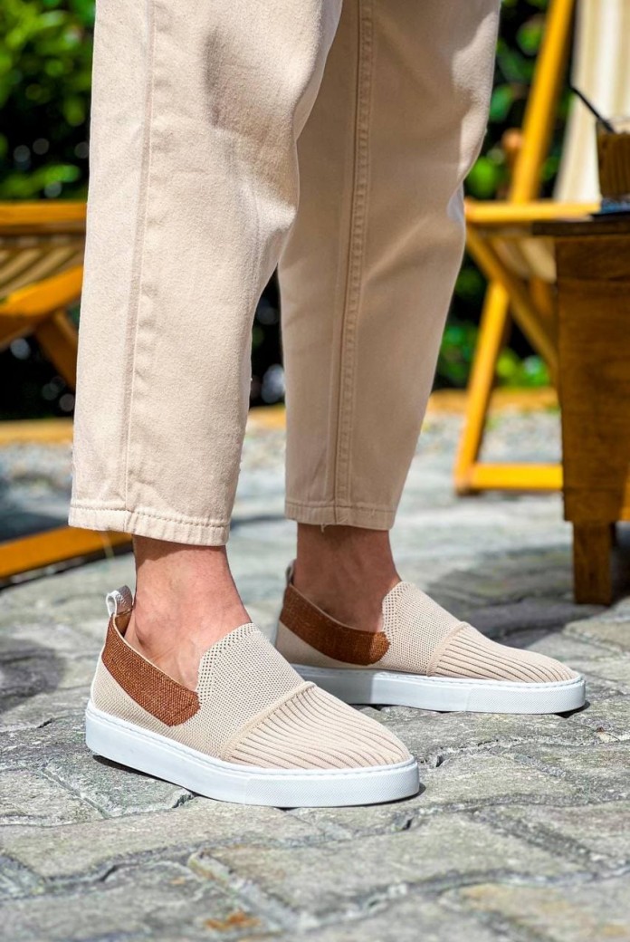 KB114 Erkek Günlük Bağcıksız Triko Spor Sneaker Ayakkabı TBT - Bej/Taba
