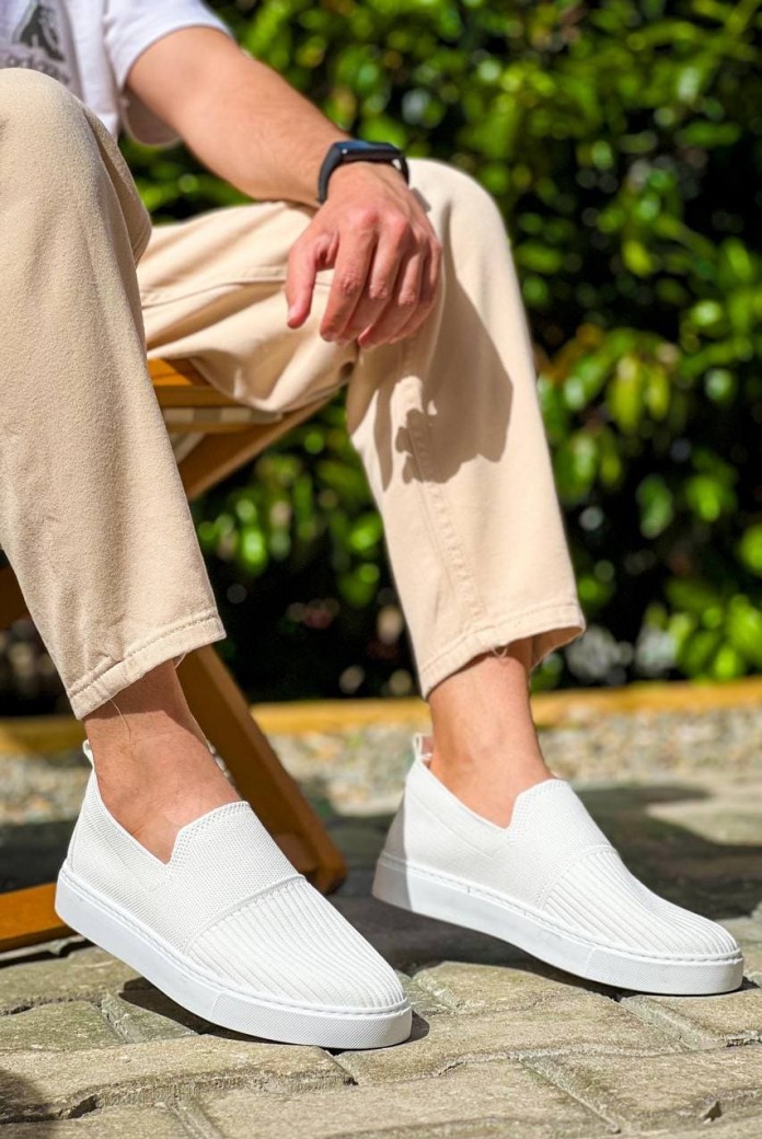 KB114 Erkek Günlük Bağcıksız Triko Spor Sneaker Ayakkabı TBT - Beyaz