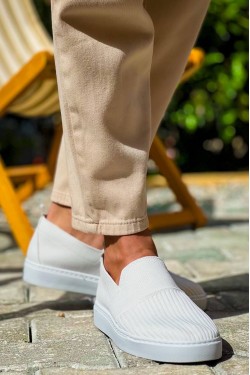 KB114 Erkek Günlük Bağcıksız Triko Spor Sneaker Ayakkabı TBT - Beyaz