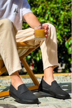 KB114 Erkek Günlük Bağcıksız Triko Spor Sneaker Ayakkabı TST - Siyah