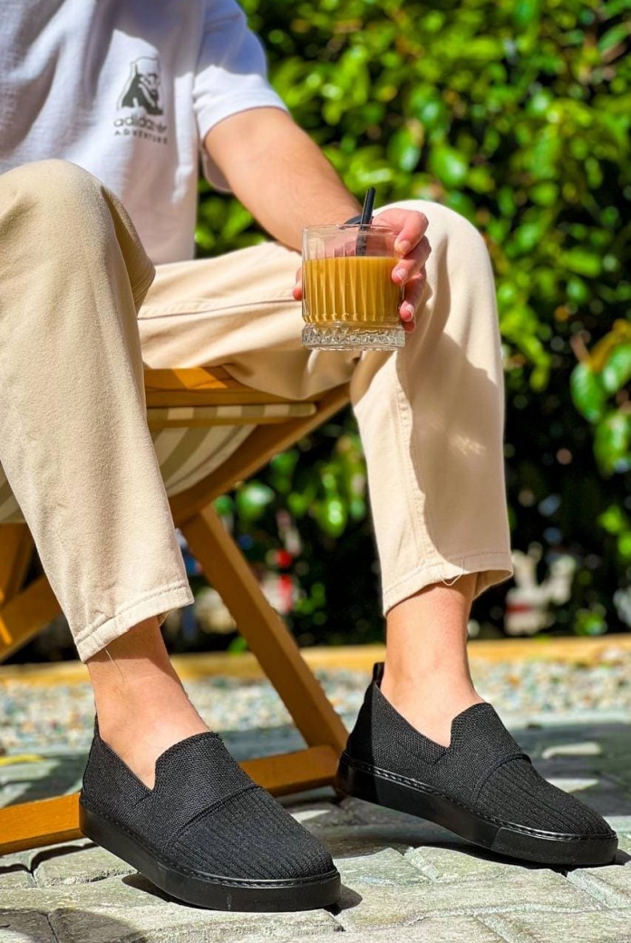 KB114 Erkek Günlük Bağcıksız Triko Spor Sneaker Ayakkabı TST - Siyah