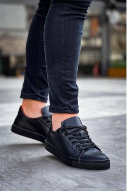 KB122 Erkek Günlük Bağcıklı Cilt Spor Sneaker Ayakkabı CST - Siyah