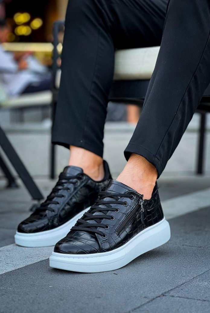KB309 Erkek Günlük Bağcıklı Fermuarlı Croco Desenli Cilt Spor Sneaker Ayakkabı CBT - Siyah