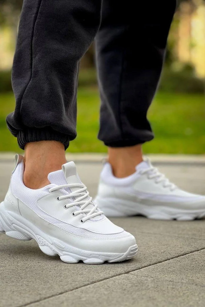 KB707 Erkek Günlük Bağcıklı Cilt Triko Spor Sneaker Ayakkabı CTBT - Beyaz