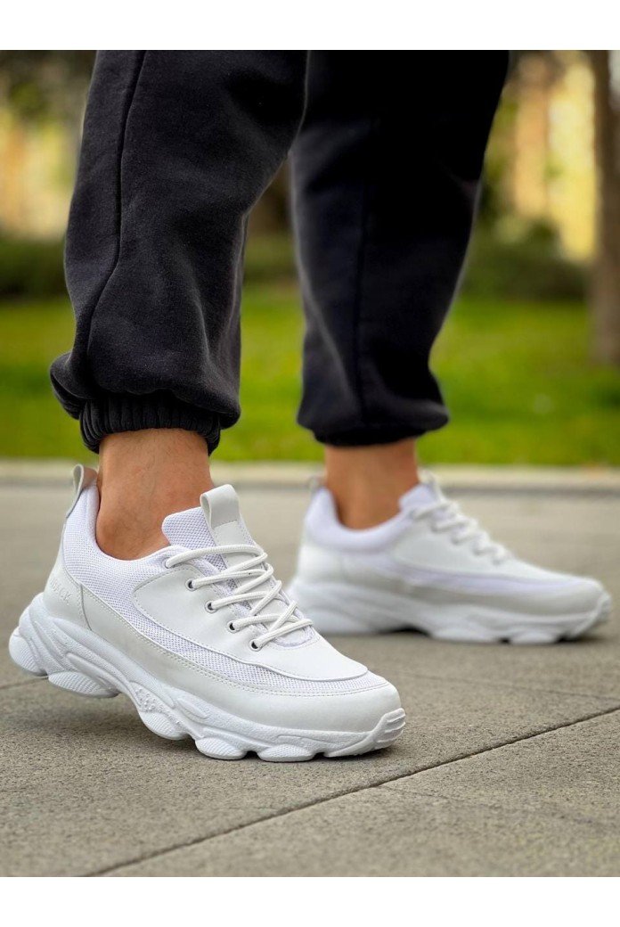 KB707 Erkek Günlük Bağcıklı Cilt Triko Spor Sneaker Ayakkabı CTBT - Beyaz