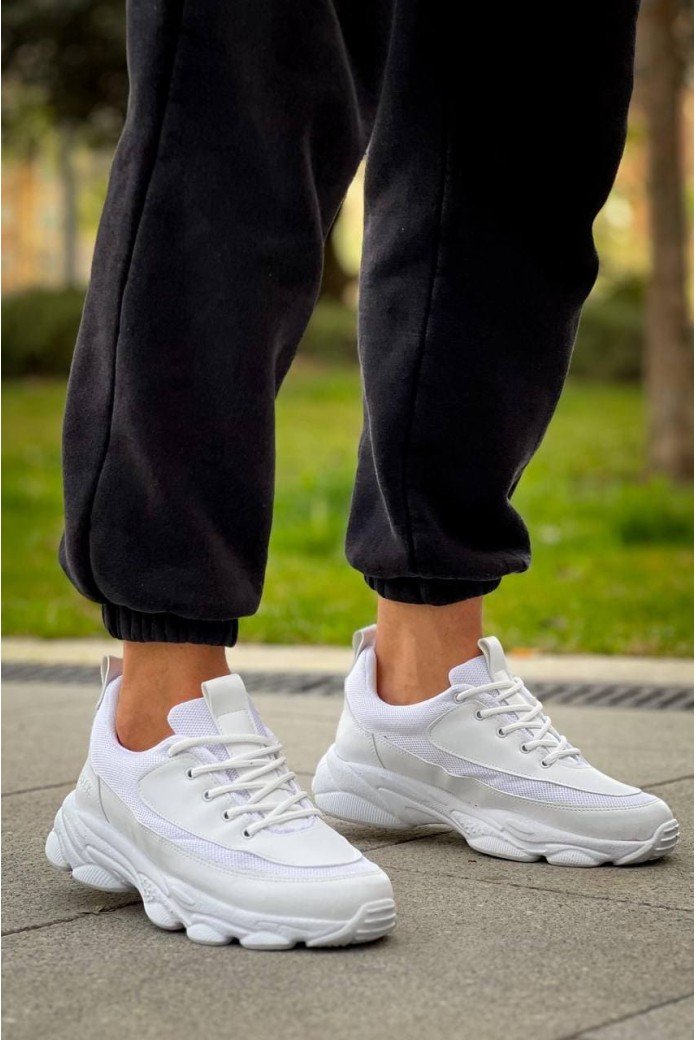 KB707 Erkek Günlük Bağcıklı Cilt Triko Spor Sneaker Ayakkabı CTBT - Beyaz