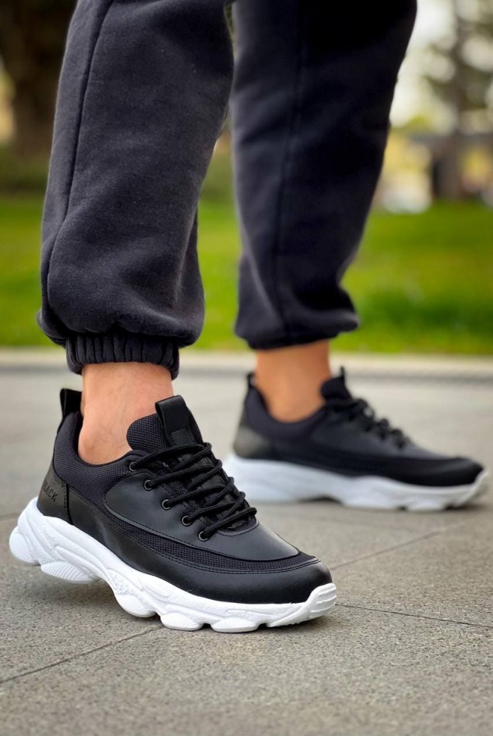 KB707 Erkek Günlük Bağcıklı Cilt Triko Spor Sneaker Ayakkabı CTBT - Siyah