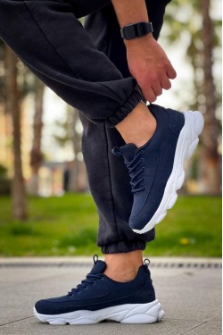 KB707 Erkek Günlük Bağcıklı Süet Triko Spor Sneaker Ayakkabı STBT - Lacivert