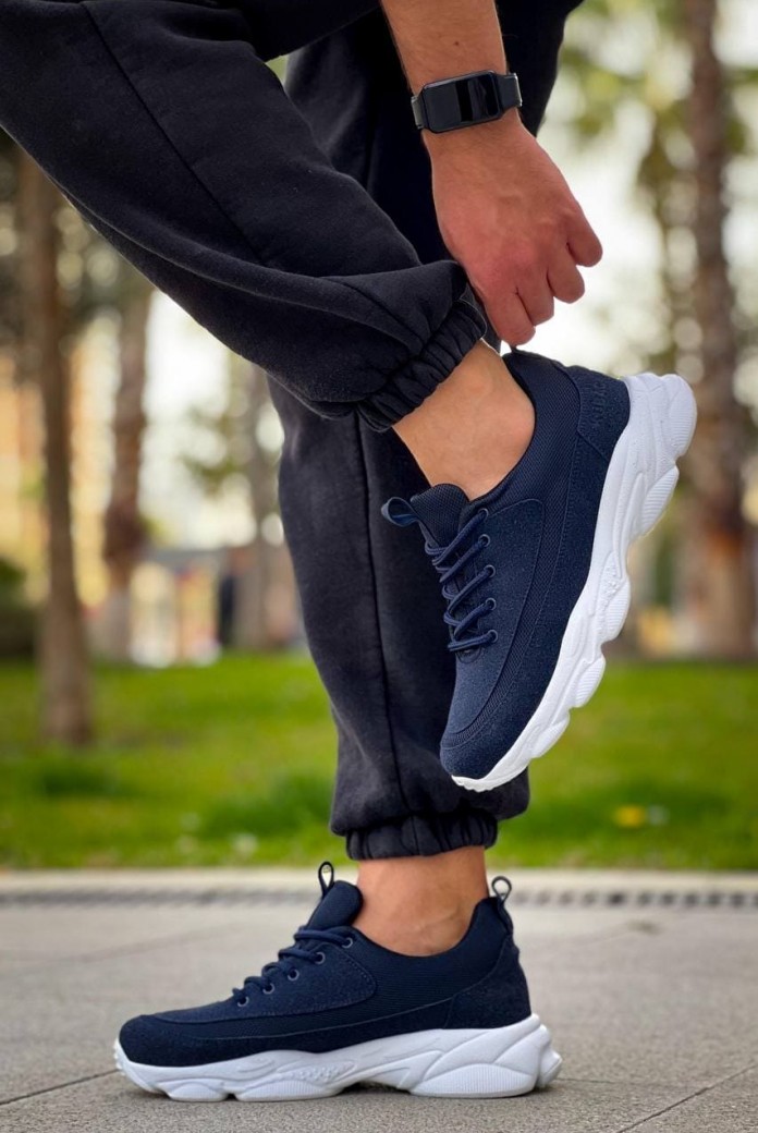 KB707 Erkek Günlük Bağcıklı Süet Triko Spor Sneaker Ayakkabı STBT - Lacivert