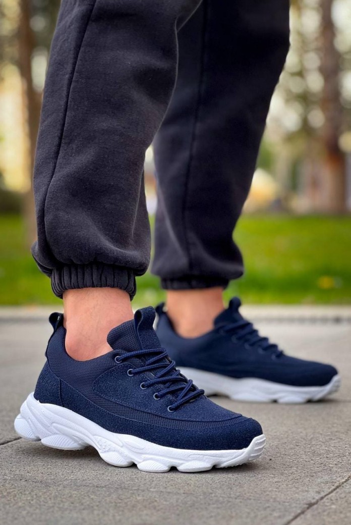 KB707 Erkek Günlük Bağcıklı Süet Triko Spor Sneaker Ayakkabı STBT - Lacivert