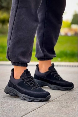 KB707 Erkek Günlük Bağcıklı Süet Triko Spor Sneaker Ayakkabı STST - Siyah